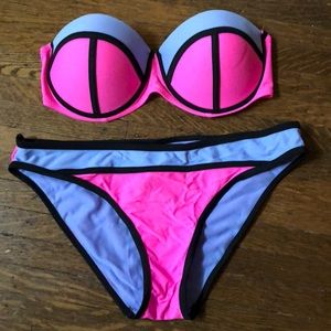 Strapless Padded Pink and Blue Bathing Suit Sz L